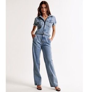 NWT Abercrombie & Fitch 90s Relaxed Wide Leg Denim Jumpsuit Overall Coverall PXS